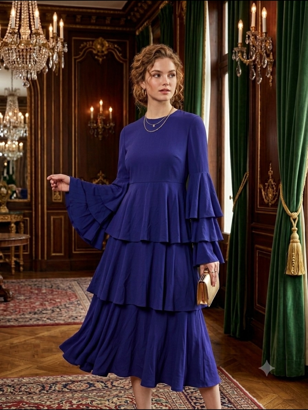 Michael Kors Royal Blue Tiered Ruffle Long-Sleeve Dress
